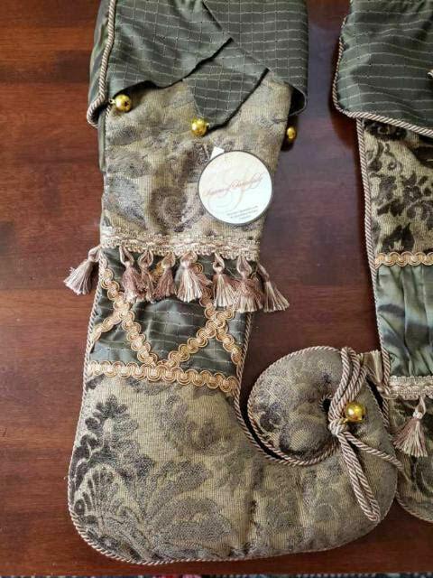 Seasons of Serendipity Christmas Tree Skirt &amp; 3 Stockings Green Gold Embellish