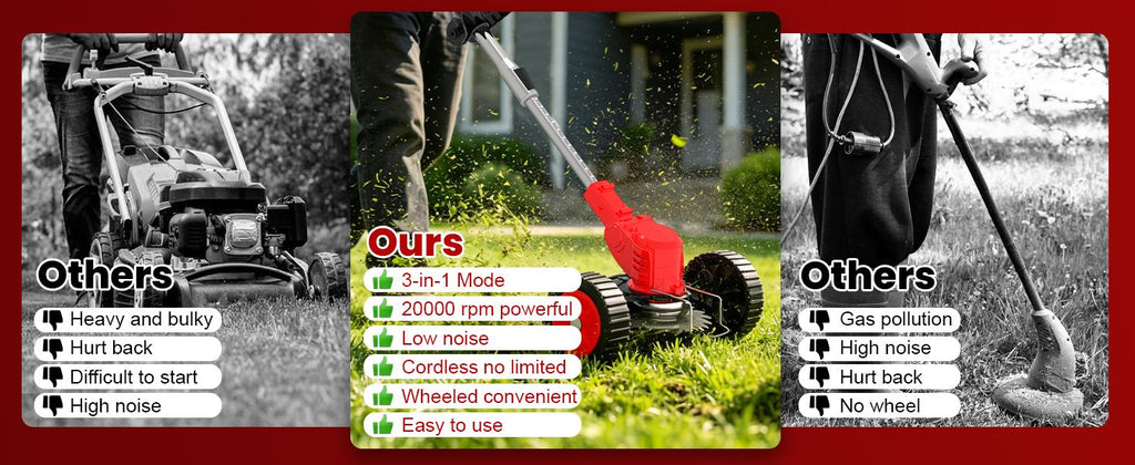 Electric Weed Wacker Cordless with Wheels,21V Lightweight Electric Weed Eater Battery Powered,4 in 1 Grass Trimmer/Brush Cutter/Lawn Edger/Lawn Mower,No String Trimmer Battery Operated for Garden Yard