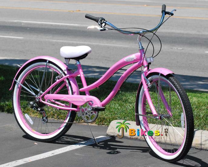 26" Rover 7 Speed  TX-35  Steel Spokes Pink Rims Front and Back Fenders V-Brakes Micargi Women Girl Style Beach Cruiser Bicycle