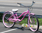 26" Rover 7 Speed  TX-35  Steel Spokes Pink Rims Front and Back Fenders V-Brakes Micargi Women Girl Style Beach Cruiser Bicycle