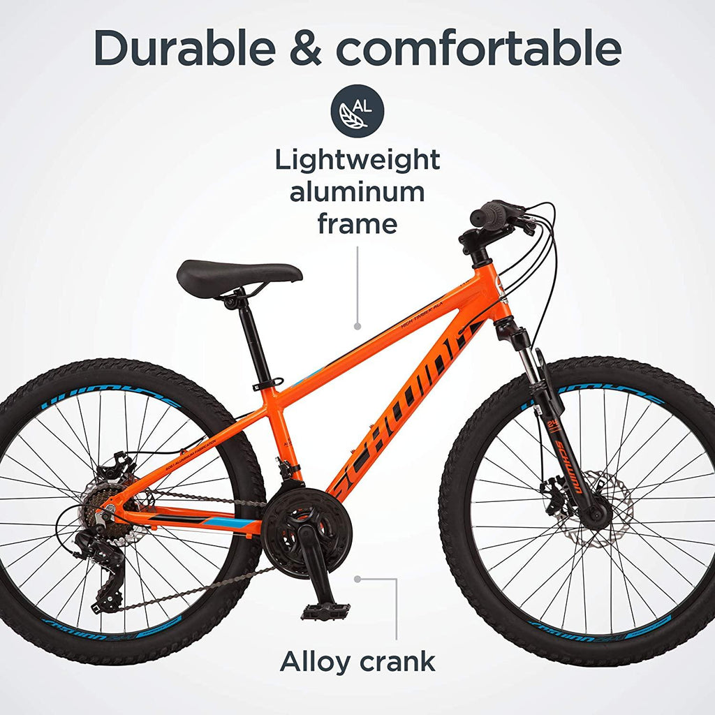 Schwinn High Timber ALX Youth/Adult Mountain Bike, Aluminum Frame and Disc Brakes, 24-Inch Wheels, 21-Speed, Orange
