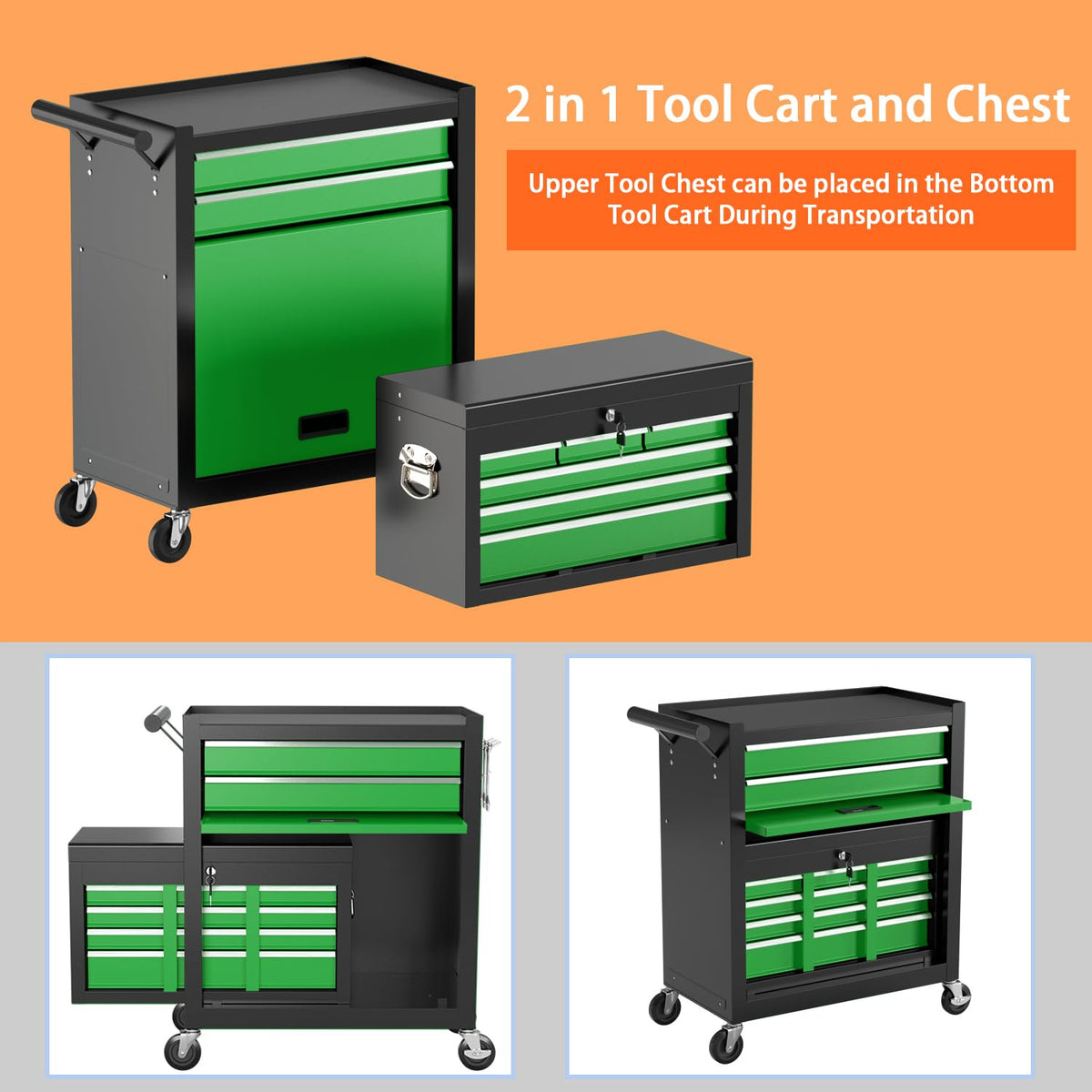 8-Drawer High Capacity Rolling Tool Chest, Removable Cabinet StoraTool Box with Wheels and Drawers, Detachable Toolbox with Lock for Workshop Mechanics Garage(Black&Green)