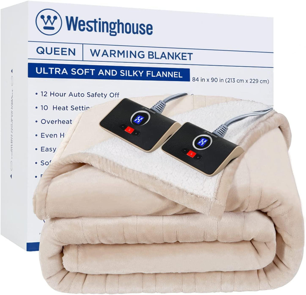 Westinghouse Electric Blanket Heated Throw | 10 Heating Levels &amp; 12 Hours Auto Off | Flannel to Sherpa Reversible 84x90 Queen| Machine Washable,Beige