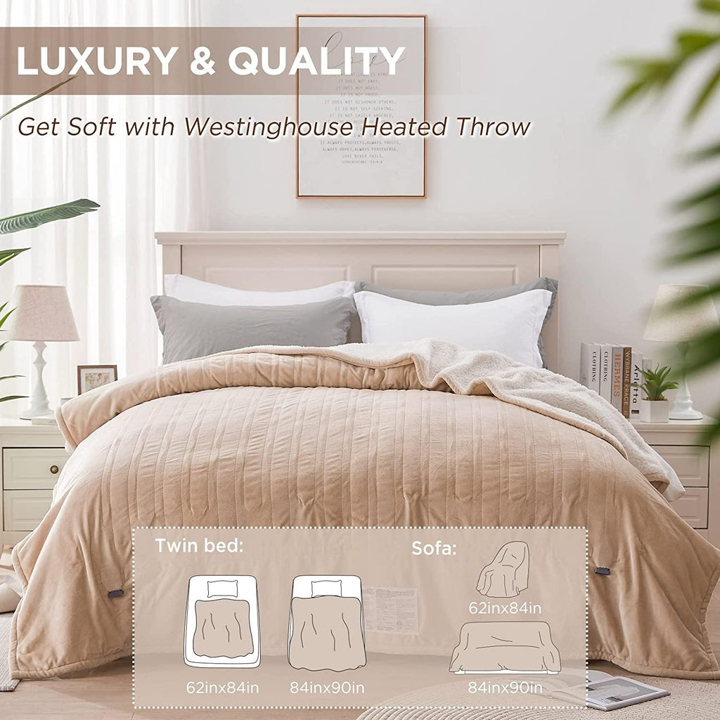 Westinghouse Electric Blanket Heated Throw | 10 Heating Levels &amp; 12 Hours Auto Off | Flannel to Sherpa Reversible 84x90 Queen| Machine Washable,Beige