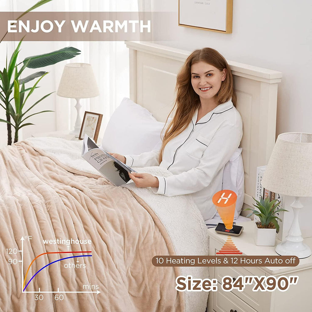 Westinghouse Electric Blanket Heated Throw | 10 Heating Levels &amp; 12 Hours Auto Off | Flannel to Sherpa Reversible 84x90 Queen| Machine Washable,Beige