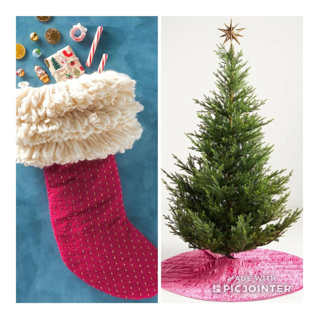 2 ANTHROPOLOGIE RORY VELVET KANTHA HEIRLOOM CHRISTMAS TREE SKIRT &amp; STOCPINK