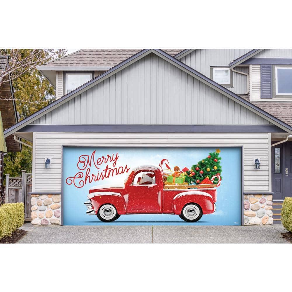 7 ft. x 16 ft. Red Truck Christmas-Christmas Garage Door Decor Mural for Double Car Garage