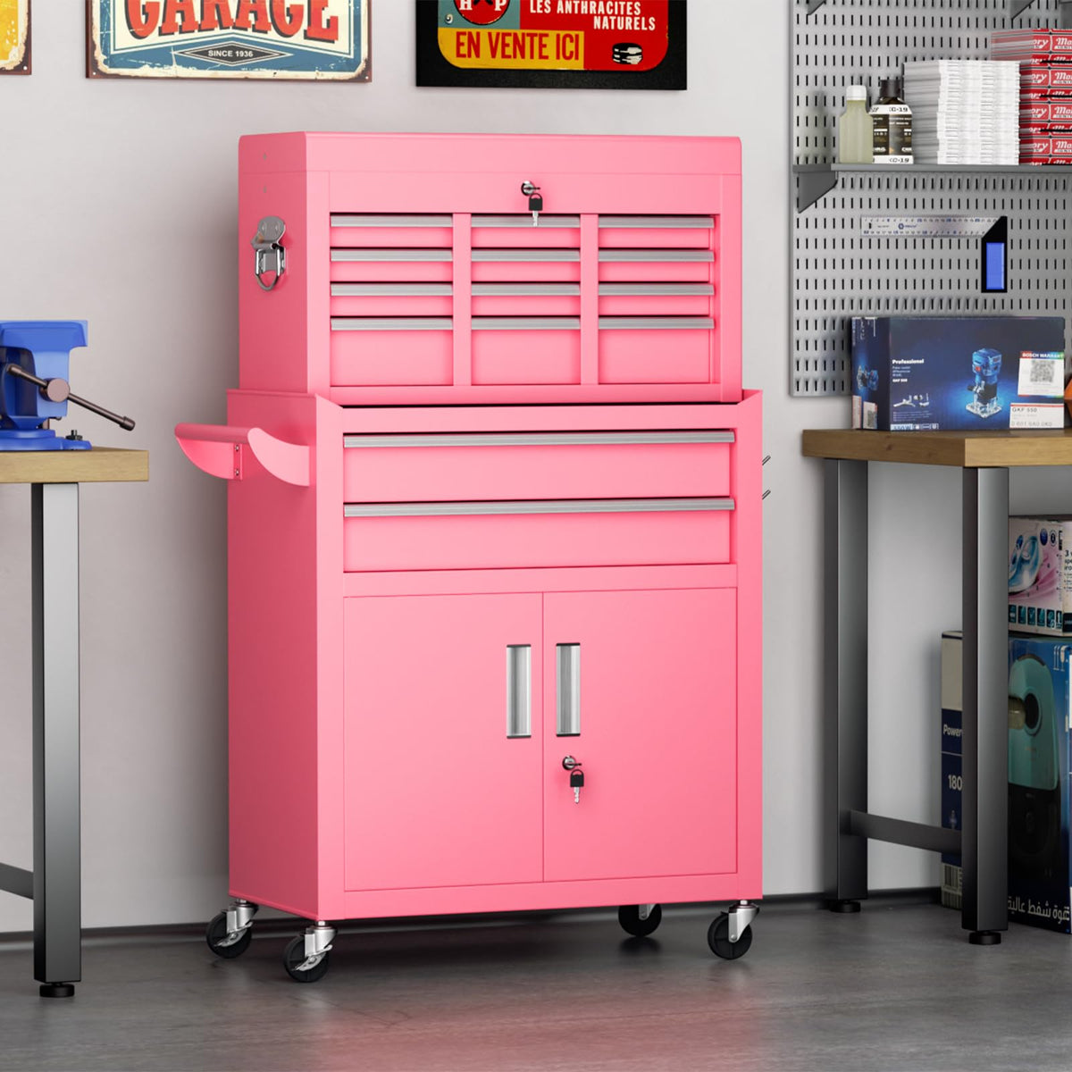 8 Drawer Rolling Tool Chest with Wheels, Lockable 2 in 1 Detachable Tool Cabinet wit Drawers and Black Liners, GaraTop Toolbox and Bottom StoraCart with Side Hooks,Pink