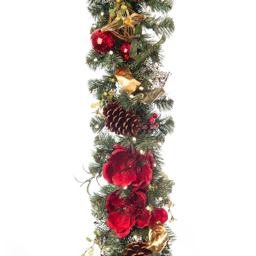 9 ft. Pre-Lit LED Red Magnolia Garland