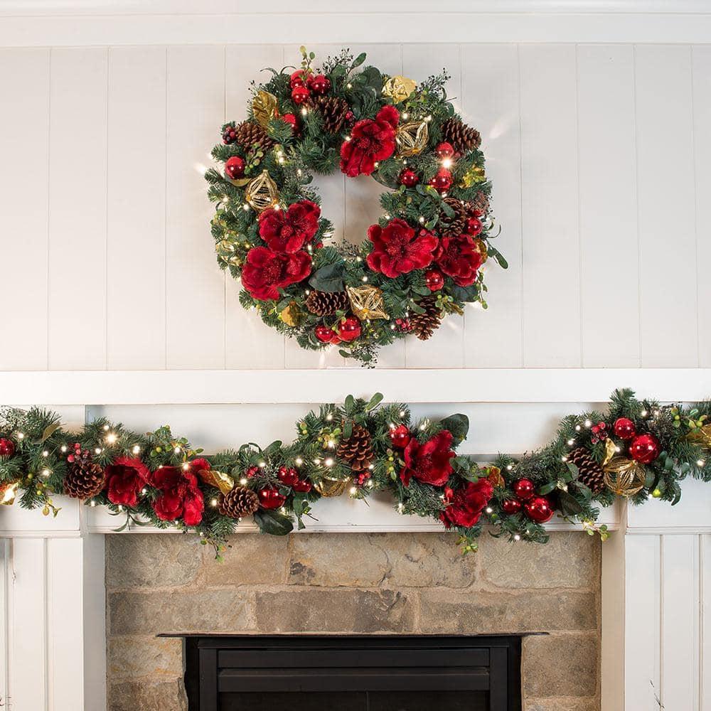 9 ft. Pre-Lit LED Red Magnolia Garland