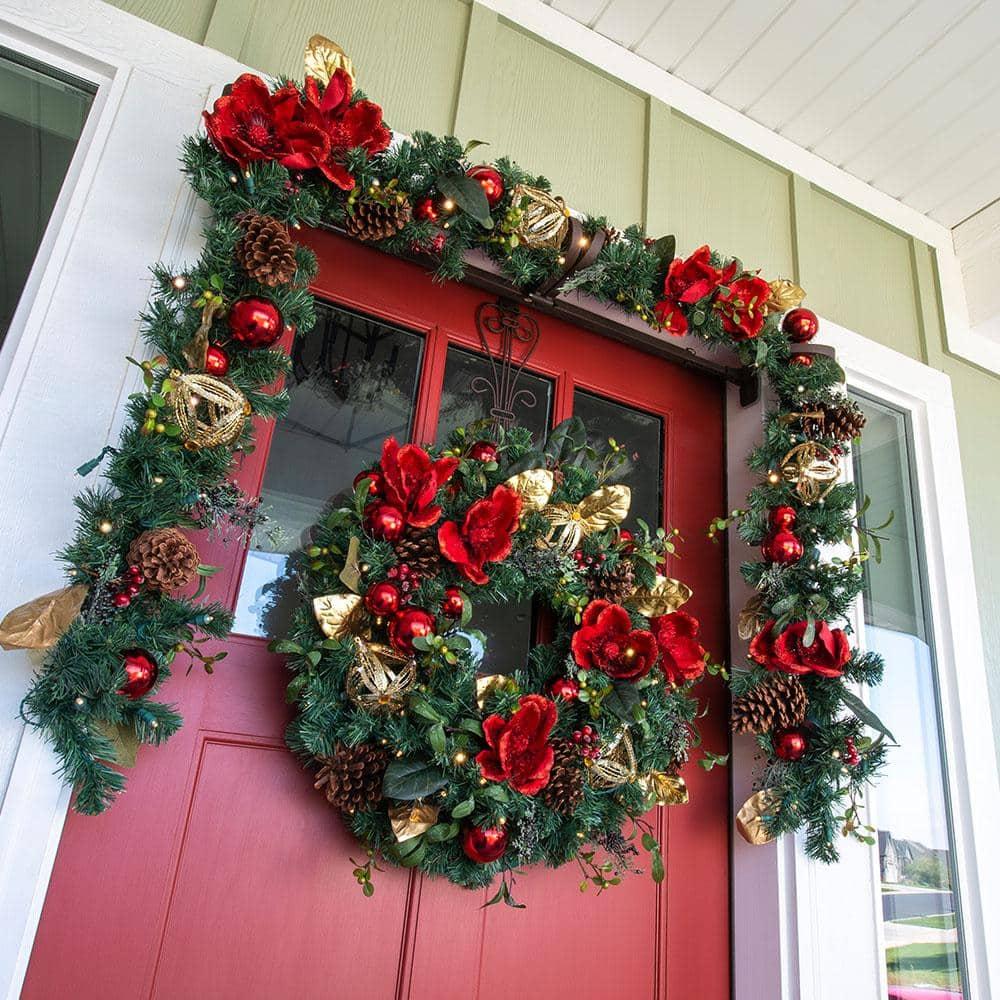 9 ft. Pre-Lit LED Red Magnolia Garland