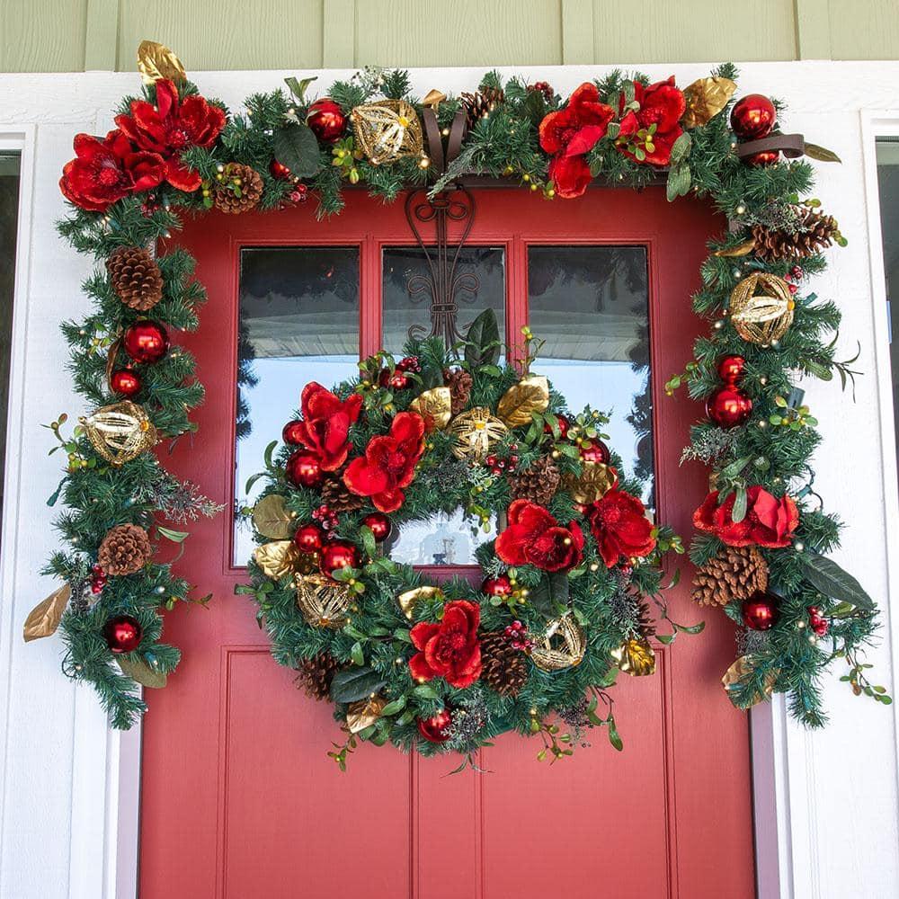 9 ft. Pre-Lit LED Red Magnolia Garland