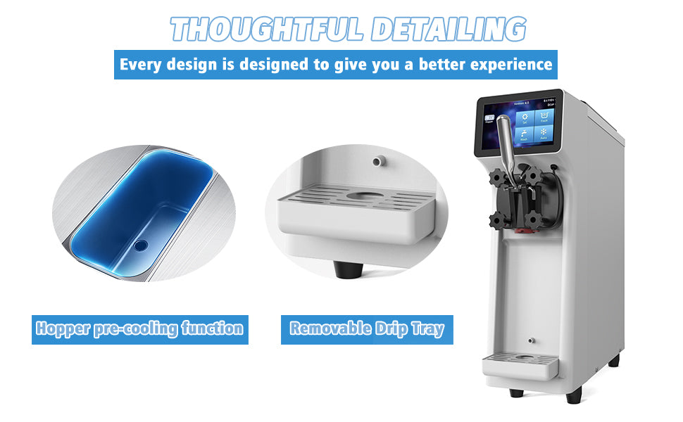 Commercial Ice Cream Maker Machine 1000W 2.7 to 4 Gal/H Single Flavor Soft Serve Ice Cream Machine Pre-cooling Auto Clean LCD Touch Screen Soft Serve Maker for Snack Bar Restaurants