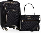Women's Madison Square Hardside Chevron Expandable Luggage, Black, 2-Piece (20" Carry On + Tote)