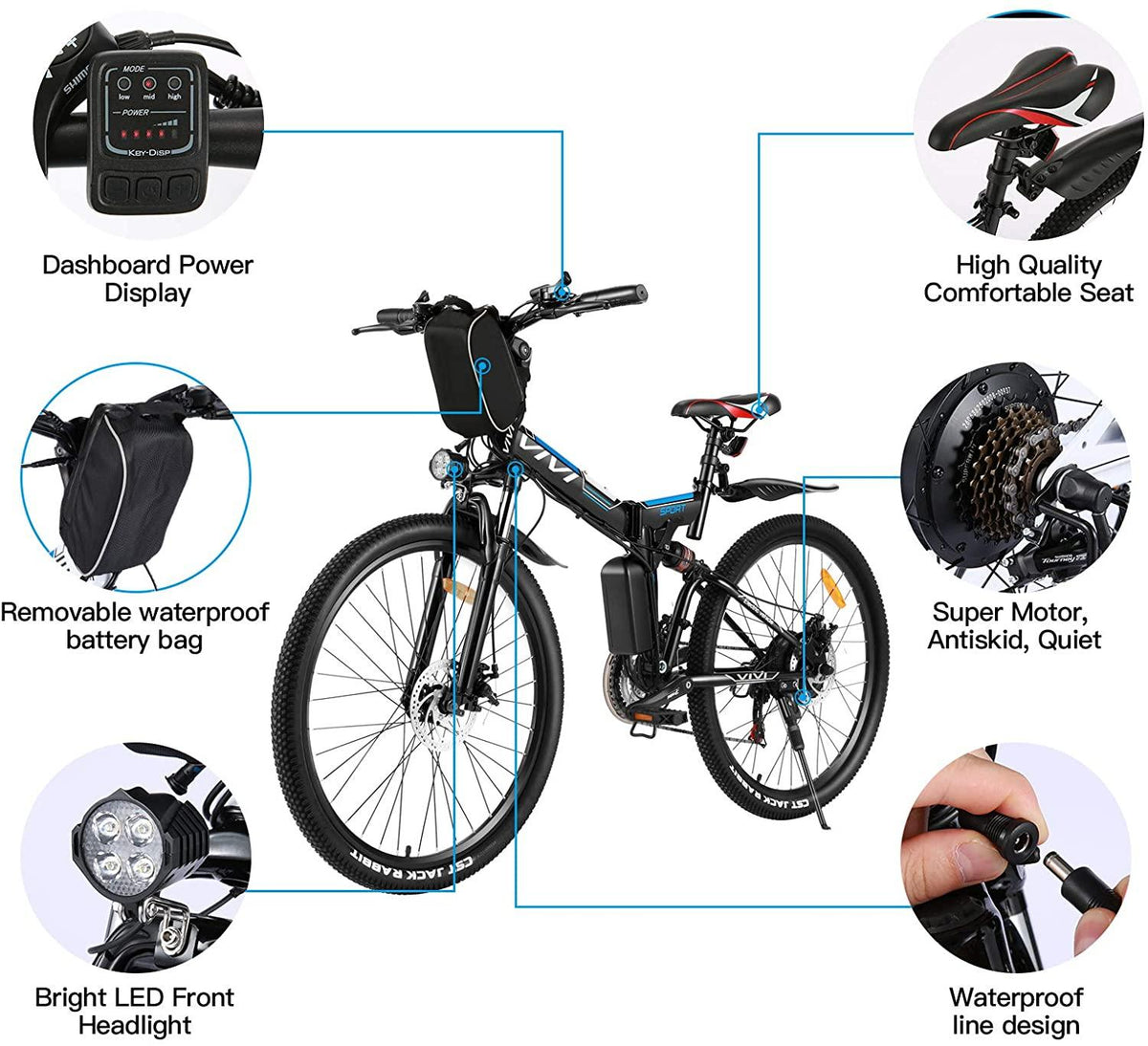 VIVI Folding Electric Bike for Adults, 26 inch E-Bike Electric Mountain Bicycle 350W Lightweight Ebike Professional  21 Speed Gears with Removable36V 8Ah Lithium Battery