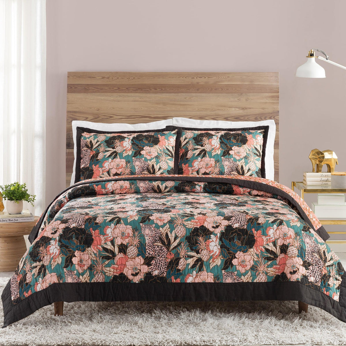 Makers Collective Tropical Leopard Hero Cotton 3-Piece Quilt Sets, King, Green
