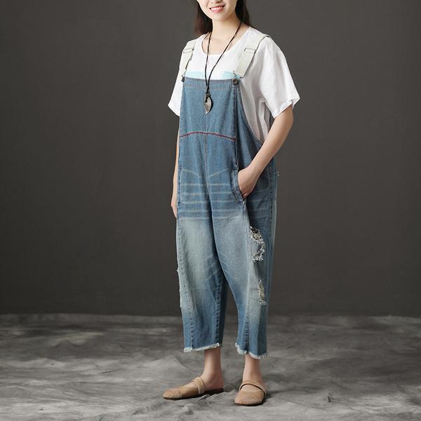 Summer Denim Pockets Wide Leg Casual Jumpsuits