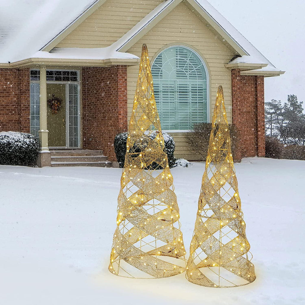 Set of 2 Lighted Gold Spiral Trees Outdoor Christmas Yard Decorations Sculpture Yard Art Holiday Winter Display