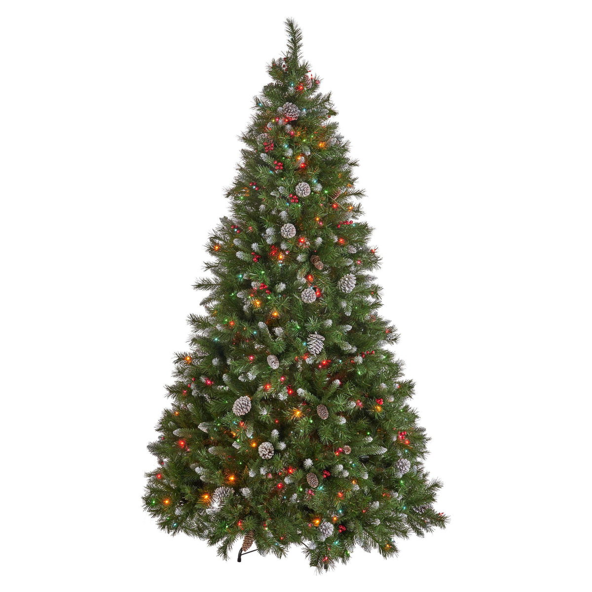 Noble House 7 Foot Artificial Mixed Spruce Christmas Tree with Frosted Branches, Red Berries, and Frosted Pinecones, Green/Multicolored Lights