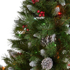 Noble House 7 Foot Artificial Mixed Spruce Christmas Tree with Frosted Branches, Red Berries, and Frosted Pinecones, Green/Multicolored Lights