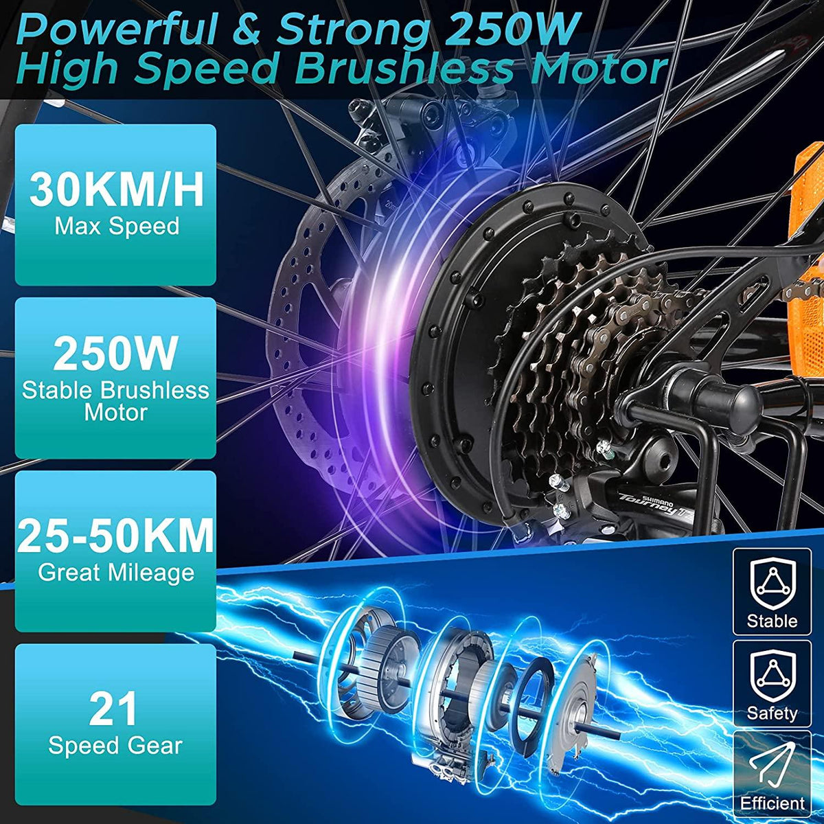 26 inch Folding Electric Mountain Bike for Adults Commuting Electric Bike with 36V 8AH Lithium-Ion Battery 250W Motor 21 Speed Gear &amp; 3 WorMode Electric Bike E-Bike