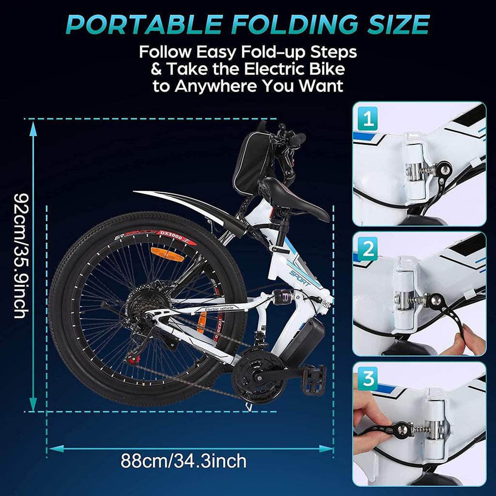 26 inch Folding Electric Mountain Bike for Adults Commuting Electric Bike with 36V 8AH Lithium-Ion Battery 250W Motor 21 Speed Gear &amp; 3 WorMode Electric Bike E-Bike
