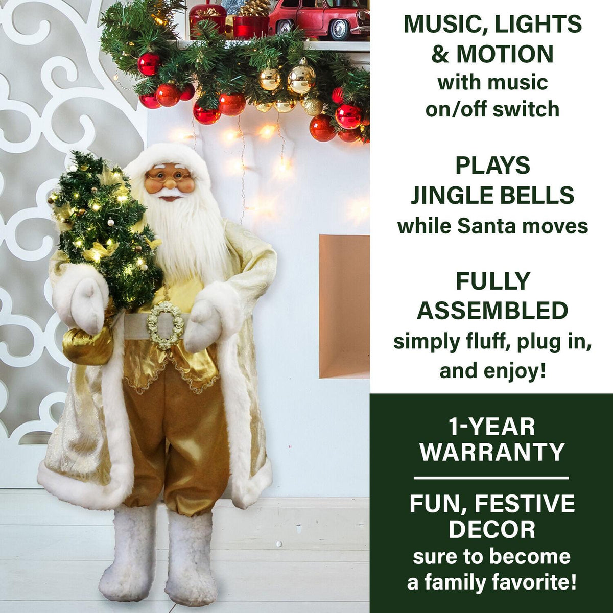 Fraser Hill Farm 3-Ft. Music and Motion Santa with Prelit Christmas Tree, Holiday Indoor Home Decor, FASC036M-19WHTGLD