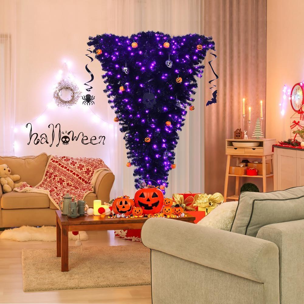 6 ft. Upside Down Artificial Christmas Tree Halloween Tree Black with 270 Purple LED Lights
