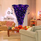 6 ft. Upside Down Artificial Christmas Tree Halloween Tree Black with 270 Purple LED Lights