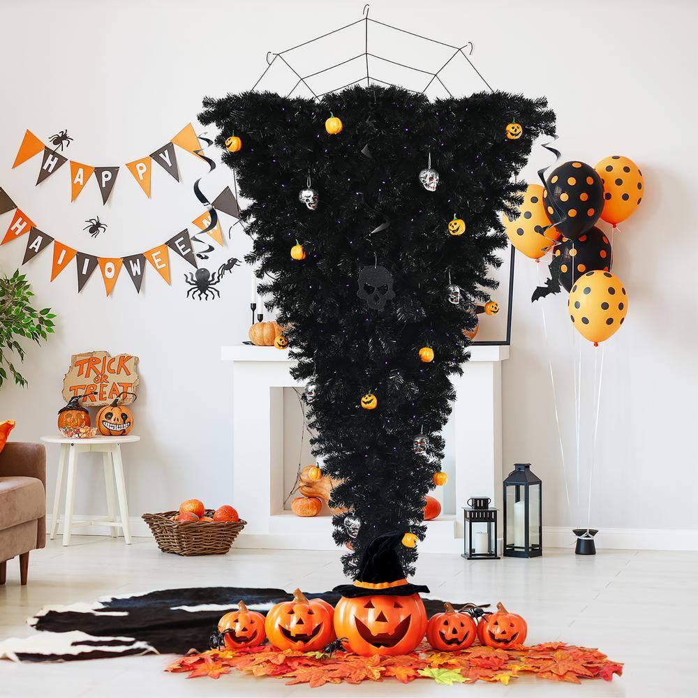 6 ft. Upside Down Artificial Christmas Tree Halloween Tree Black with 270 Purple LED Lights