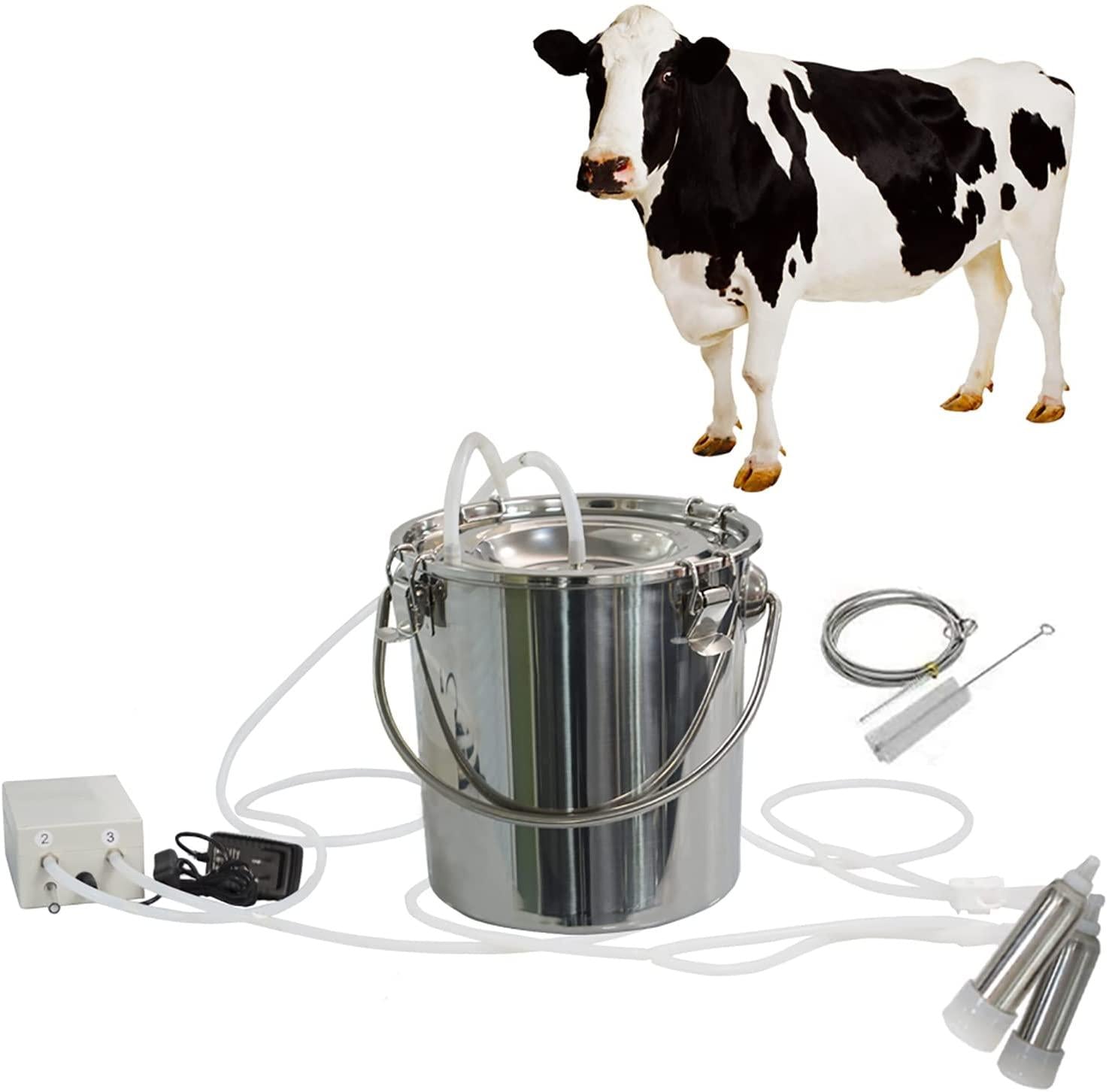 tehongmai 7l electric milking machine for cows, pulsation vacuum pump milker, automatic portable pulse breast pump, milking supplies w/stainless steel bucket