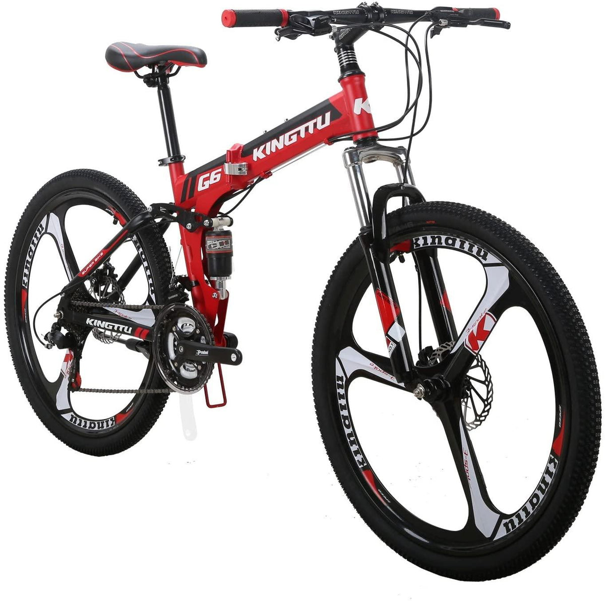 Mountain Bike LZ-G6 26inches Dual Disc Brake Folding Mountain Bicycle Full_Suspension Bicycle 3-Spokes Wheels 21speeds Outdoors Cycling Red