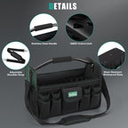 17 Inch Tool Bag,Electrician Tool Bags,Heavy Duty Open Top Tool Tote,31 Pocket Tool Box Organizer with  Steel Handle & Adjustable Shoulder Strap, Black/Green