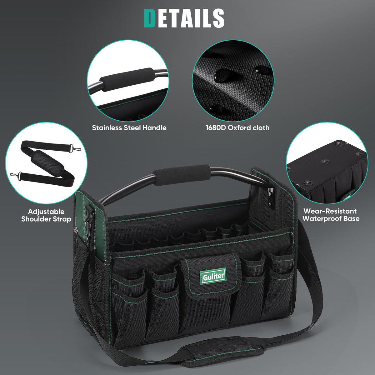 17 Inch Tool Bag,Electrician Tool Bags,Heavy Duty Open Top Tool Tote,31 Pocket Tool Box Organizer with  Steel Handle & Adjustable Shoulder Strap, Black/Green