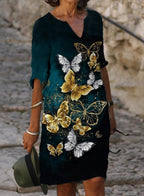 Casual Butterfly Print V-neck Midi Dress Women