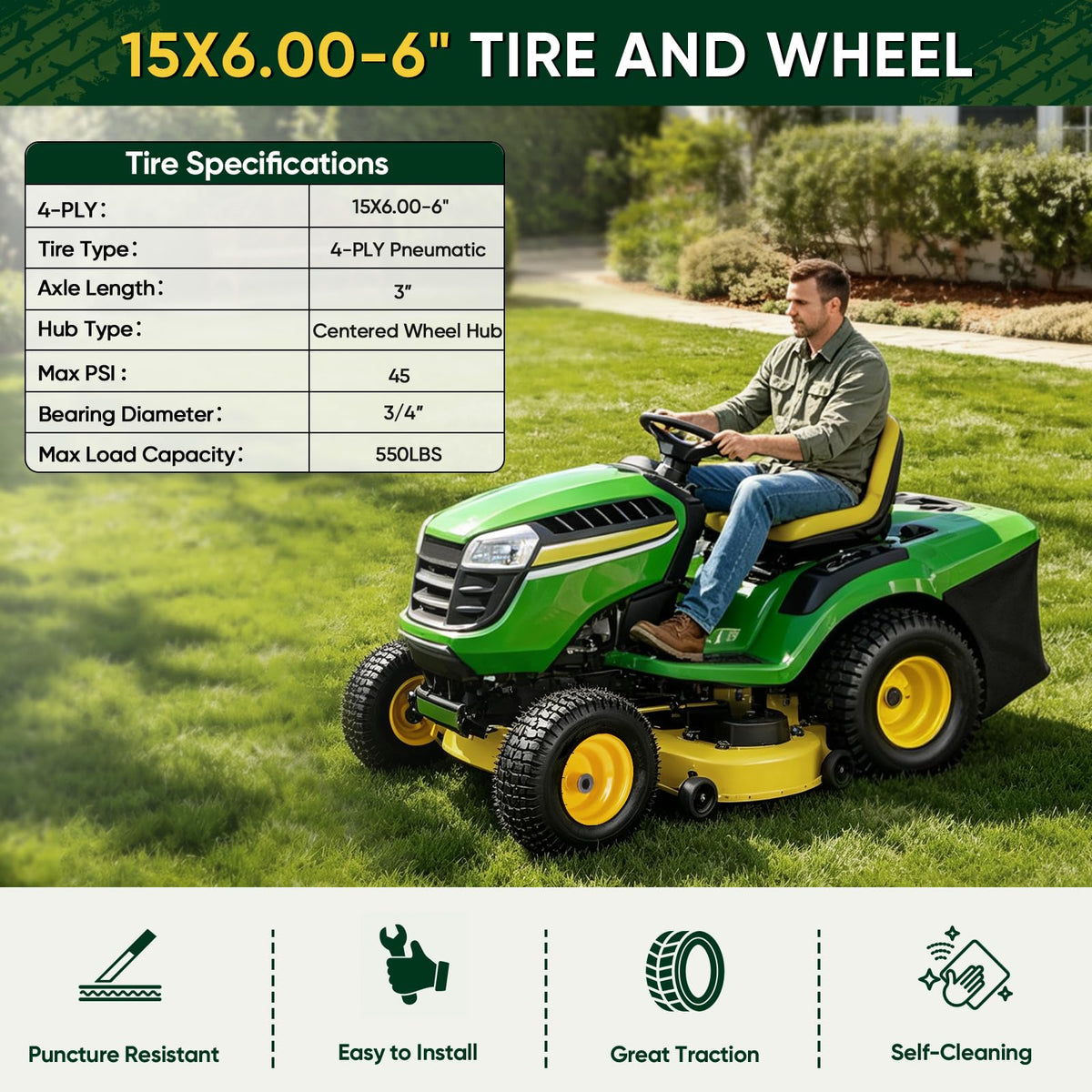 2PK 15x6.00-6nhs Lawn Mower Tires, Pneumatic Front Tire and Wheel Assemblies, 3" Centered Hub and 3/4" Bushings, 550lbs Load Capacity (Yellow)