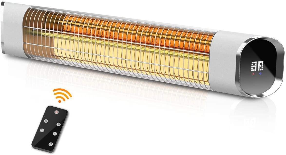 Patio Heater, Electric Outdoor Infrared Space Heater Wall Mount with Aluminum Alloy, Remote Control &amp; LED Display, Ideal for Backyard Porch Garage, Super Quiet and 24H Timer Auto Shut Off, Gold Tube