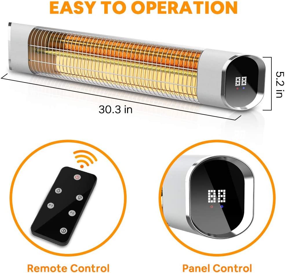 Patio Heater, Electric Outdoor Infrared Space Heater Wall Mount with Aluminum Alloy, Remote Control &amp; LED Display, Ideal for Backyard Porch Garage, Super Quiet and 24H Timer Auto Shut Off, Gold Tube