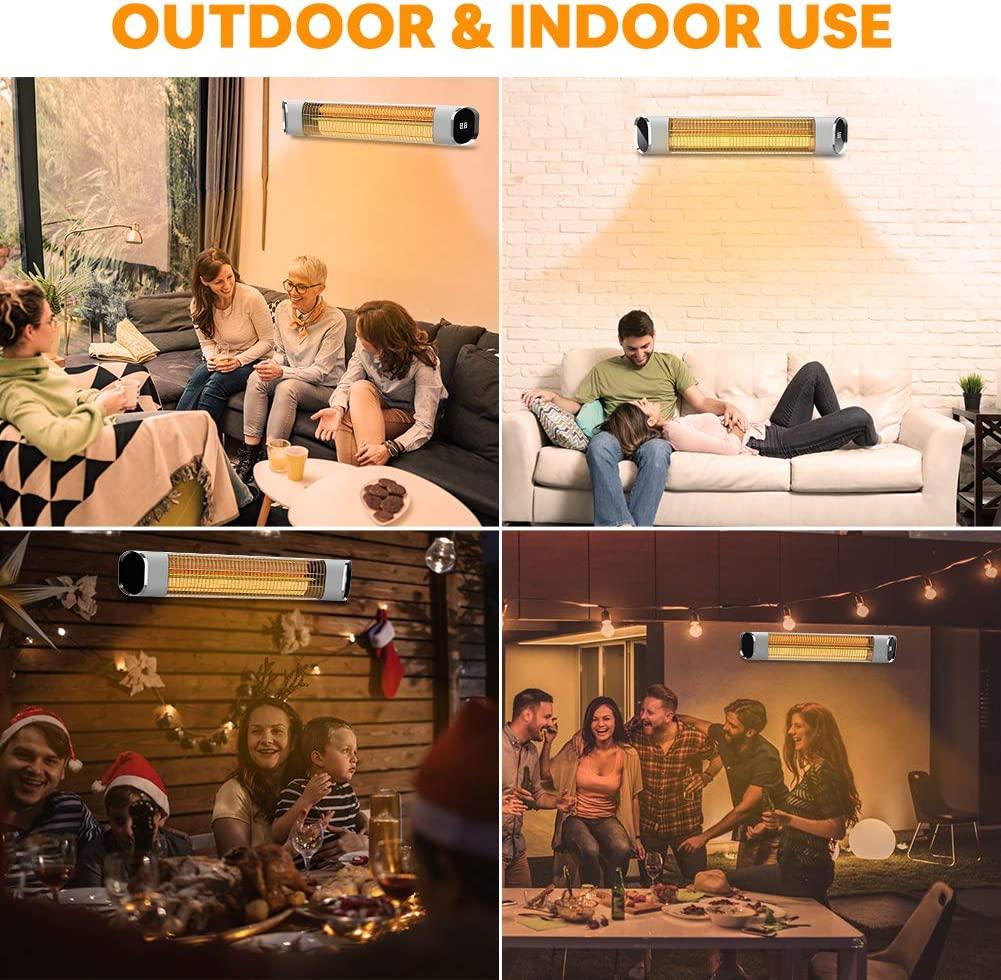 Patio Heater, Electric Outdoor Infrared Space Heater Wall Mount with Aluminum Alloy, Remote Control &amp; LED Display, Ideal for Backyard Porch Garage, Super Quiet and 24H Timer Auto Shut Off, Gold Tube