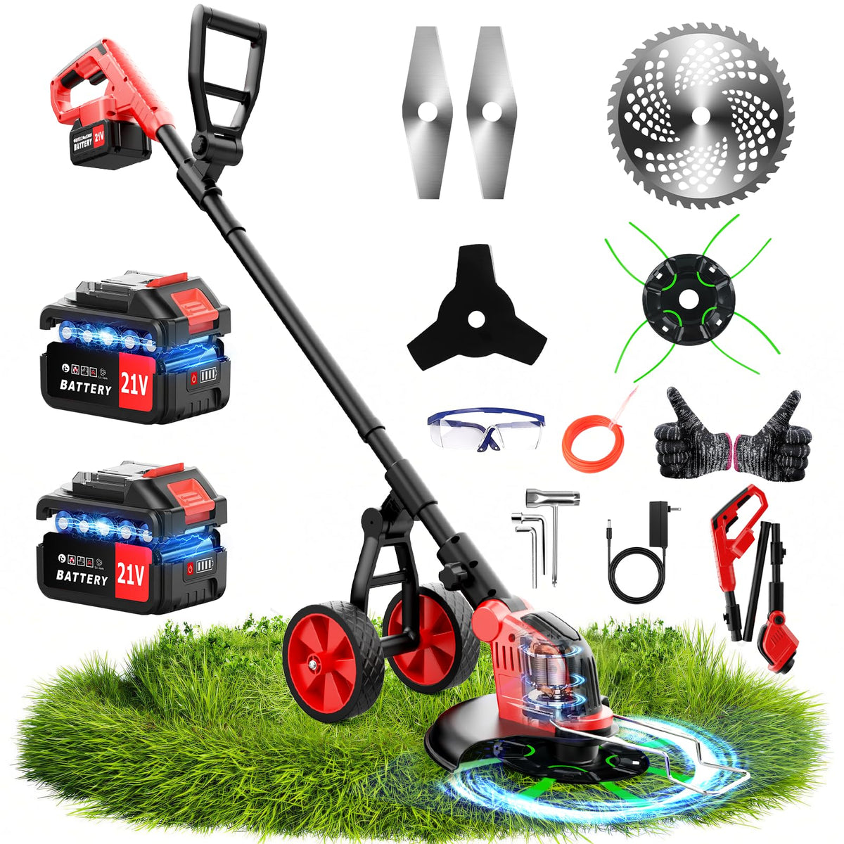 20000 RPM Electric Weed Wacker with Wheel,12″ Brushless Cordless Weed Eater Battery Powered, 4-in-1 Brush Cutter/String Trimmer/Grass Edger Tool/Lawn Mower, Stringless Weed Trimmer,5 Blade,2 Battery