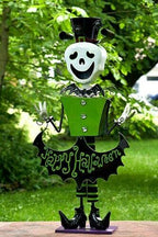 4.3ft Tall Metal SkelMan with Top-hat 'Happy Halloween' Figurine Decoration