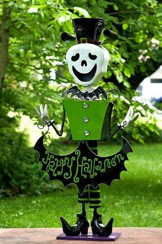 4.3ft Tall Metal SkelMan with Top-hat 'Happy Halloween' Figurine Decoration