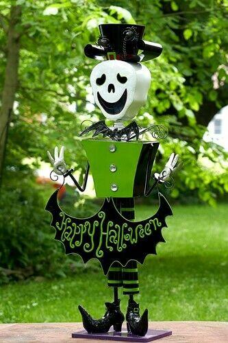 4.3ft Tall Metal SkelMan with Top-hat 'Happy Halloween' Figurine Decoration