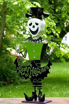 4.3ft Tall Metal SkelMan with Top-hat 'Happy Halloween' Figurine Decoration