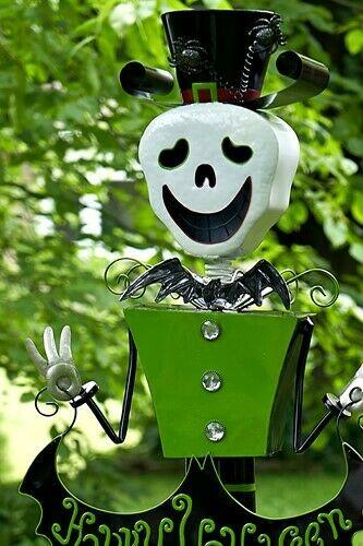 4.3ft Tall Metal SkelMan with Top-hat 'Happy Halloween' Figurine Decoration