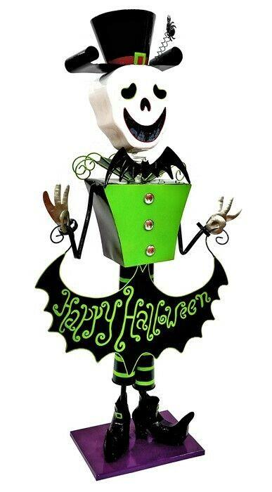 4.3ft Tall Metal SkelMan with Top-hat 'Happy Halloween' Figurine Decoration