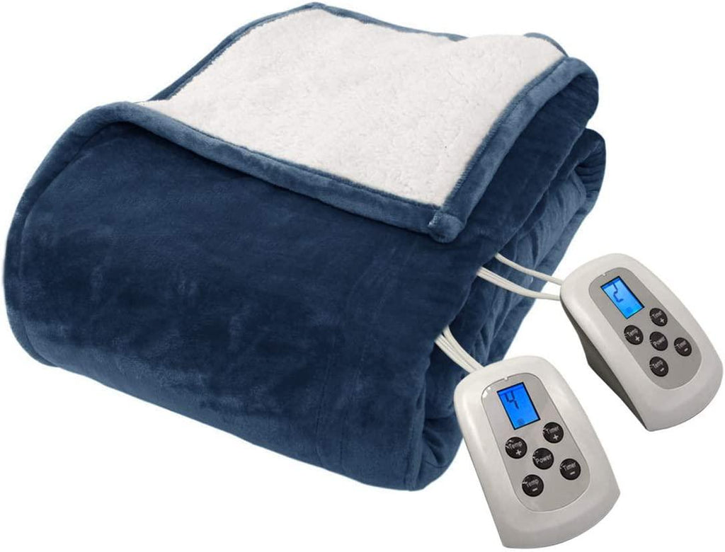 Size Electric Blanket,Flannel Sherpa Washable and Comfortable Heated Blanket with 10 Heat Settings, Safety 10 Hours Auto-Off &amp;Dual Temperature Dual Control by One Blanket(King, Navy)