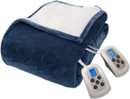Size Electric Blanket,Flannel Sherpa Washable and Comfortable Heated Blanket with 10 Heat Settings, Safety 10 Hours Auto-Off &amp;Dual Temperature Dual Control by One Blanket(King, Navy)