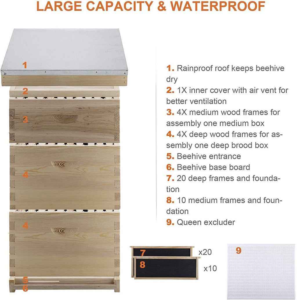 co-z langstroth 30-frame bee hive with 10 medium 20 deep honeycomb foundation frames, bee box for beekeeper starter kit, beekeeping supplies equipment, wood complete honey beehives, 3-tier bees house