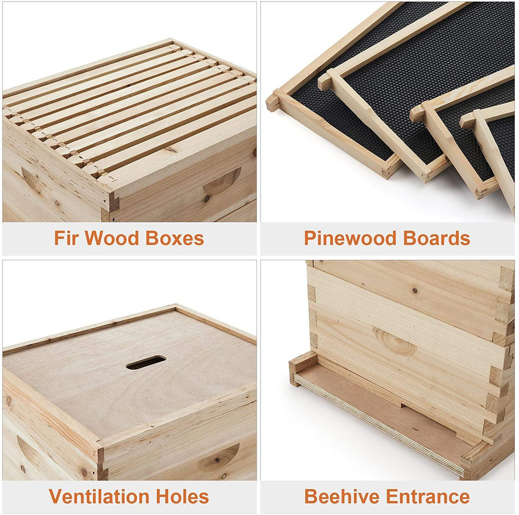co-z langstroth 30-frame bee hive with 10 medium 20 deep honeycomb foundation frames, bee box for beekeeper starter kit, beekeeping supplies equipment, wood complete honey beehives, 3-tier bees house